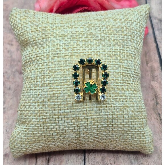 Gold Tone Lucky Tiny Horseshoe Clover Brooch Lapel Pin Green Rhinestones Enamel - Picture 4 of 7